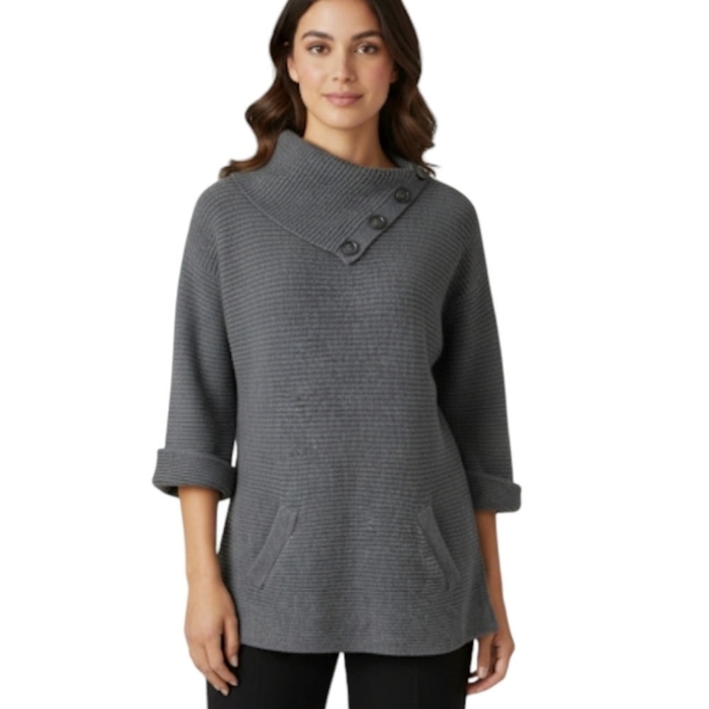 Ann Taylor Charcoal Cowl Button Neck Sweater